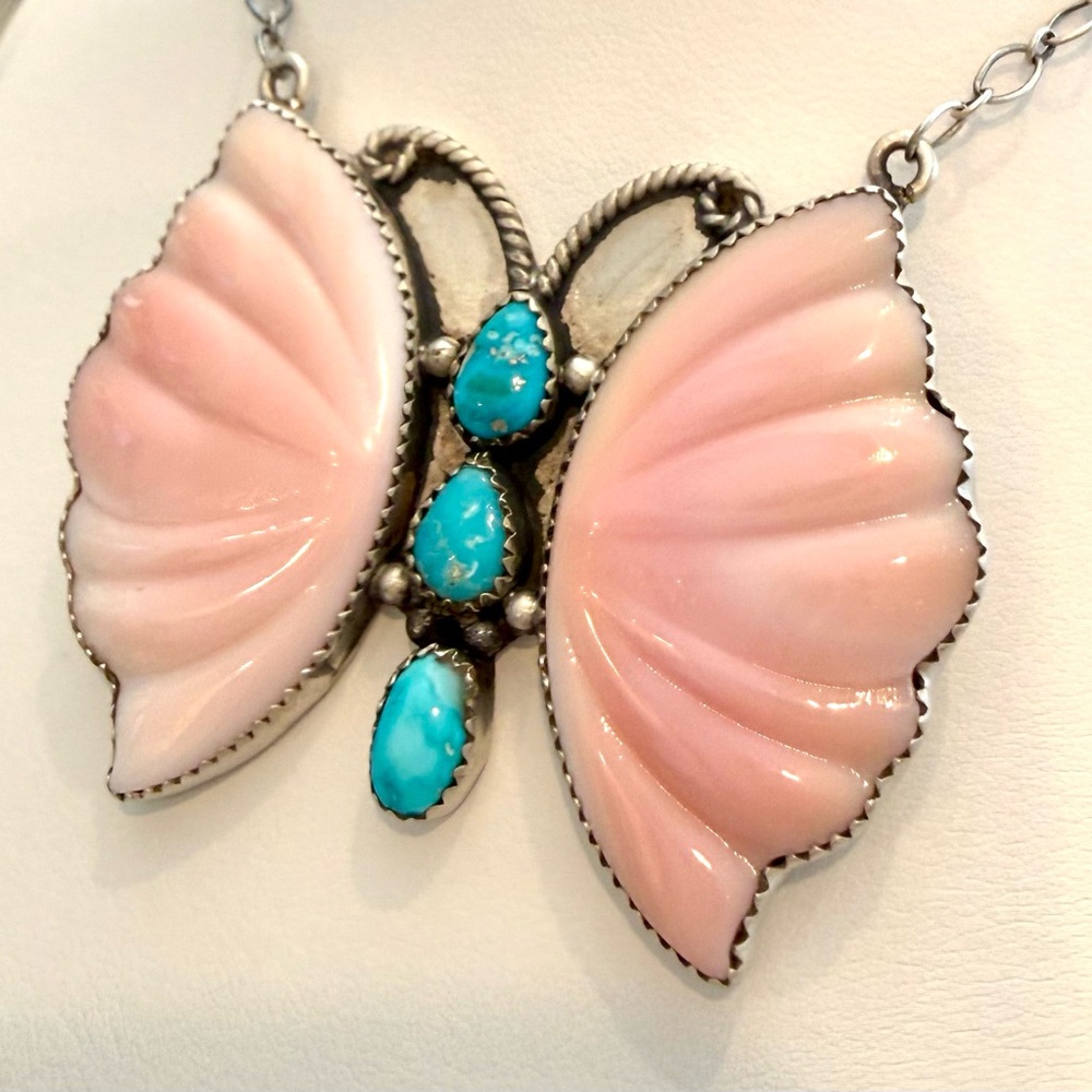 NQC545 GIANT Puffy Butterfly QueenPinkConch & Blue Ridge TURQUOISE Necklace S925 - Picture 11 of 11